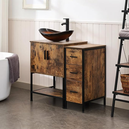 UEV 36" Rustic Brown Bathroom Vanity with Sink Combo,Industrial Iron Frame Bathroom Cabinet Sets with 3 Drawers Side Cabinet,Modern Brown Boat Tempered Glass Vessel Sink(029BR)