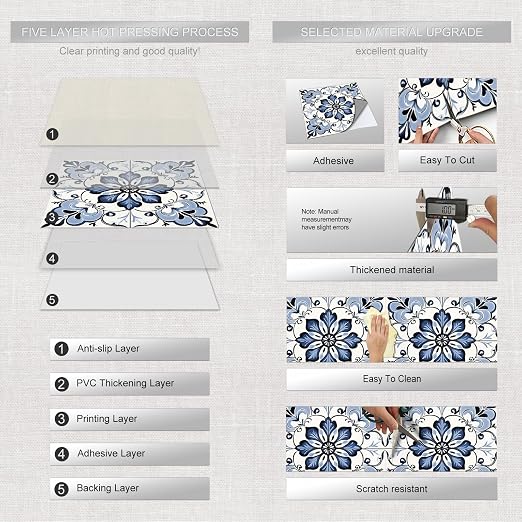 Blue Floral Scrollwork Peel and Stick Floor Tiles 12x12 Inch 10PCS | Blue and white floral scrollwork pattern vinyl floor stickers for kitchen bathroom entryway and indoor home decor