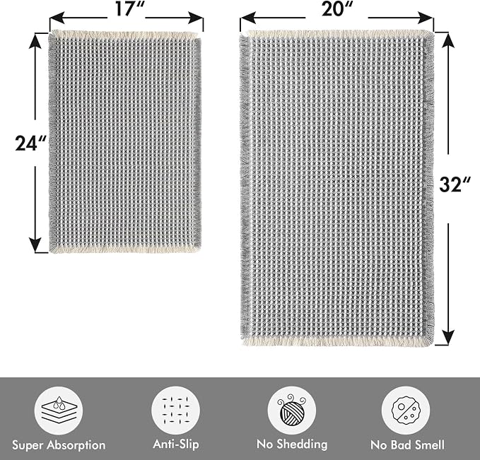 MIULEE Set of 2 Waffle Bathroom Rugs LightGrey&Cream 17"x24"+20"x32" | Non Slip, Super Absorbent, Washable, Ultra Soft, Rubber Backed Bath Rugs for Bathroom Floor Tub Shower, Boho Decor