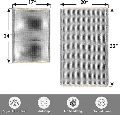 MIULEE Set of 2 Waffle Bathroom Rugs LightGrey&Cream 17"x24"+20"x32" | Non Slip, Super Absorbent, Washable, Ultra Soft, Rubber Backed Bath Rugs for Bathroom Floor Tub Shower, Boho Decor