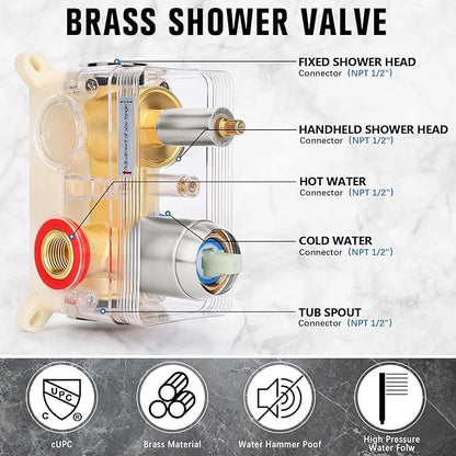 12 Inch Rainfall Shower System with Tub Spout Wall Mounted Complete Combo with Solid Brass Pressure Balancing Valve, High Pressure Shower Head, Handle Set & Installation Accessories