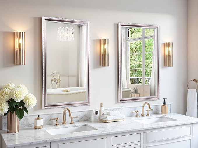 ROLOVE 24x34 Inch Brushed Rose Gold Frame Mirror for Wall, Ornate Baroque Wall Mirror, Large Vintage Decorative Mirror for Mantel & Bathroom, Waterproof Frame, Tempered Glass (Champagne Pink Hue)