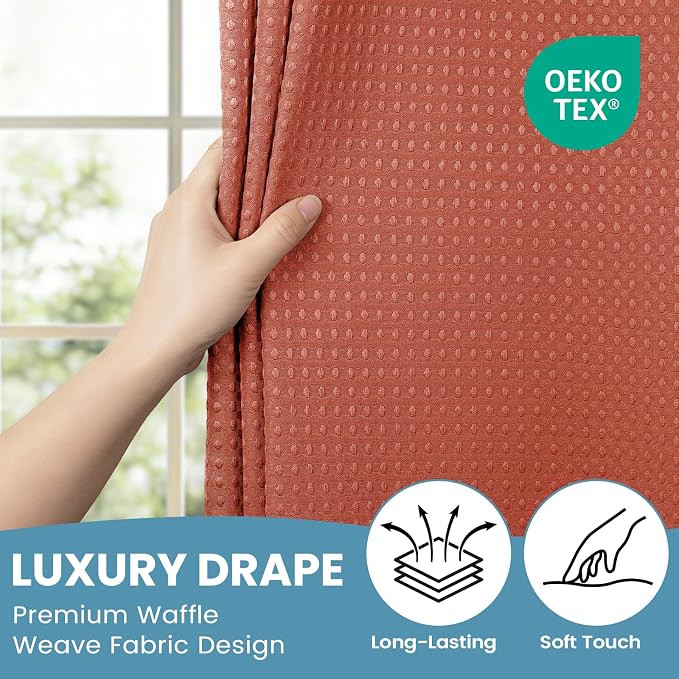 SORTTO No Hook Shower Curtain with Snap in Liner Set Waffle Shower Curtain for Bathroom Hotel Style Fabric Waterproof Inner Liner，71" W x 74" H, Burnt Orange