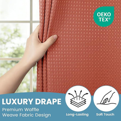 SORTTO No Hook Shower Curtain with Snap in Liner Set Waffle Shower Curtain for Bathroom Hotel Style Fabric Waterproof Inner Liner，71" W x 74" H, Burnt Orange