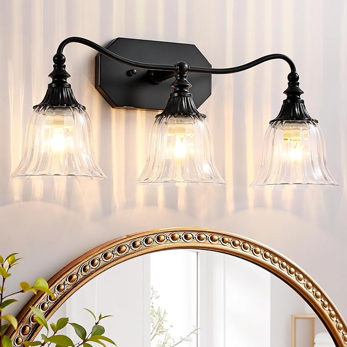 Bathroom Vanity Black Vintage Light Fixture, 3 Lights Bathroom Lighting Matte Antique Brass Finish with Crystal Glass Shade, Black Vintage Vanity Light for Bathrooms