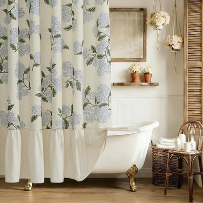 ORTIGIA Linen Textured Ruffle Shower Curtain with Metal Hooks, Vintage Blue Floral Hydrangea Boho Waterproof Bath Curtain for Rustic Farmhouse Bathroom Decor 72x72 Inch