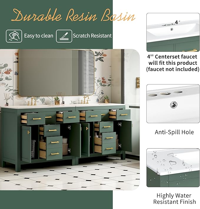 72 Inch Green Bathroom Vanity with Double Sink,Modern Double Sink Vanity with 8 Drawers & 4 Cabinets,Soft Closing Doors with Gold Handles,Solid Wood Frame,Grid Front(2 * 36 Inch)