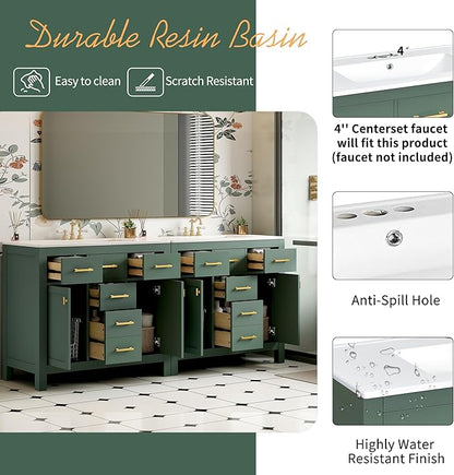 72 Inch Green Bathroom Vanity with Double Sink,Modern Double Sink Vanity with 8 Drawers & 4 Cabinets,Soft Closing Doors with Gold Handles,Solid Wood Frame,Grid Front(2 * 36 Inch)
