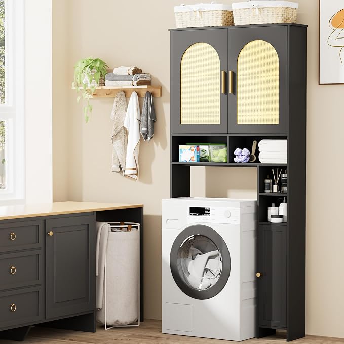 Homhedy Wooden Over The Toilet Storage Cabinet, Natural and Black | Bathroom Organizer with Rattan Decorated Doors, Adjustable Shelves, Toilet Paper Holder, for Small Spaces
