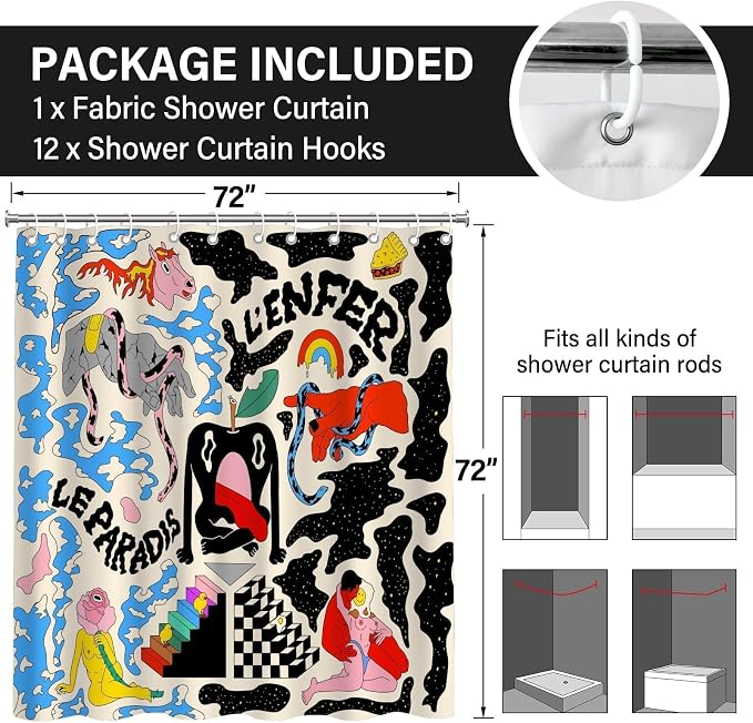 Colorful Abstract Nude Body Aesthetic Art Shower Curtain Set 72x72 Inches | Abstract Colorful Nude Body Graffiti Art Print, Modern Indie Home Guest Housewarming Art Lover Bath Decor, With Fabric Hooks