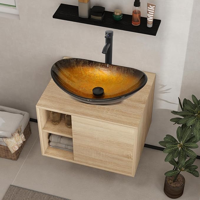YOURLITE 24" Floating Bathroom Vanity, Wall-Mounted Bathroom Vanity and Sink Combo with Mirror and Faucet & Pop Up Drain Set,Red&Black Boat Glass Bathroom Sink