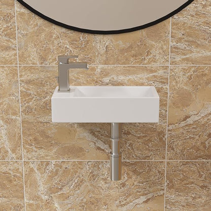 Sarlai Floating Vessel Sink - 15"x7" Wall Hang Small Bathroom Sinks Modern Rectangle Floating White Porcelain Ceramic Garden Wash Hand Sink, Left Hand
