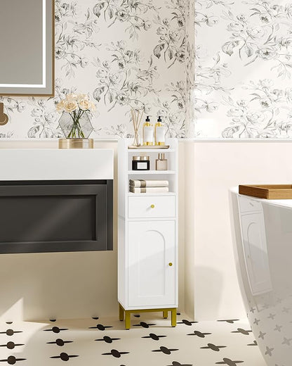 Bathroom Storage Cabinet, Corner Floor Cabinet with Drawers and Doors, Narrow Toilet Paper Holder, Bathroom Organizer with Adjustable Shelf, for Small Spaces, White BC29813GV1