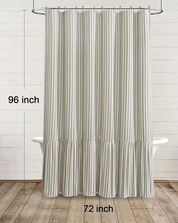 Farmhouse Shower Curtain Ruffle Linen Cream-Green Stripe 72"W x 96"L | Farmhouse Boho, Striped, Bottom Ruffle, Linen Fabric, Rustic, Country, Natural Look, Washable, for Bathroom Bathtub
