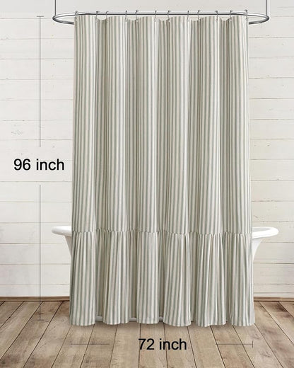 Farmhouse Shower Curtain Ruffle Linen Cream-Green Stripe 72"W x 96"L | Farmhouse Boho, Striped, Bottom Ruffle, Linen Fabric, Rustic, Country, Natural Look, Washable, for Bathroom Bathtub