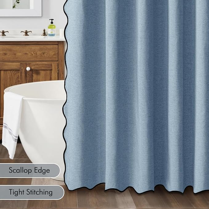 MIULEE Moonlight Blue Scalloped Linen Shower Curtain 72x72 Inches | Linen Textured, Waterproof, Washable, 12 Metal Hooks, Heavy Duty Cloth, Black Border, Shower Curtain for Bathroom Bathtub