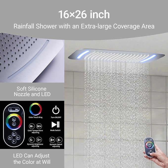 16X26 inch Rainfall Shower System Brushed Nickel Shower Faucet Set | Temperature Display Shower Faucet with 6 Body Jet, 8 inch Wall Mounted Shower Head and Handheld Set