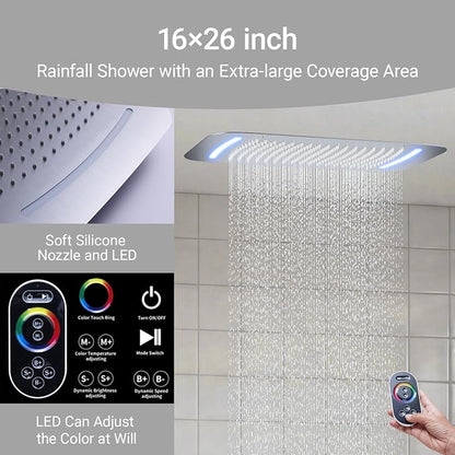 16X26 inch Shower System Brushed Nickel Shower Head and Handle Set | Temperature Display Shower Faucet with Dual 8 inch Shower Head, 6 Body Jet, Handheld Shower, 5 Functions Can All Run Together