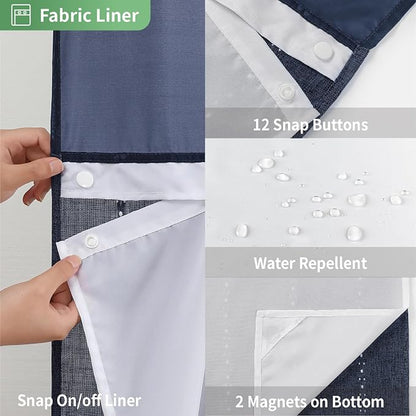 eachope Boho Farmhouse No Hook Shower Curtain with Liner,71x74,Navy Blue | Snap-in Liner,330GSM Thick Linen Textured Rustic Striped Design,Water-Repellent with Tassels and Sheer Window for Bathroom