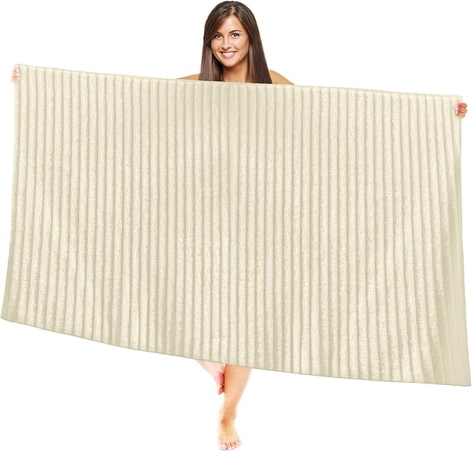 Elegant Comfort 100% Turkish Cotton Corduroy Ribbed Luxury Jumbo Bath Towel Ultra Soft - 35 x 70 Inch - Luxury Spa Premium Hotel Quality Highly Absorbent and Quick Dry Large Bath Towel, Ivory