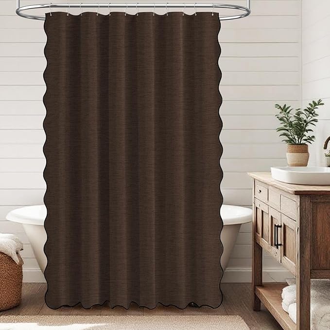 BTTN 78 Long Shower Curtain, Scalloped Linen Textured Cute Thick Cloth Shower Curtain Set with 12 Hooks, Elegant Decorative Waterproof Washable Fabric Shower Curtains for Bathroom - 72x78 - Brown