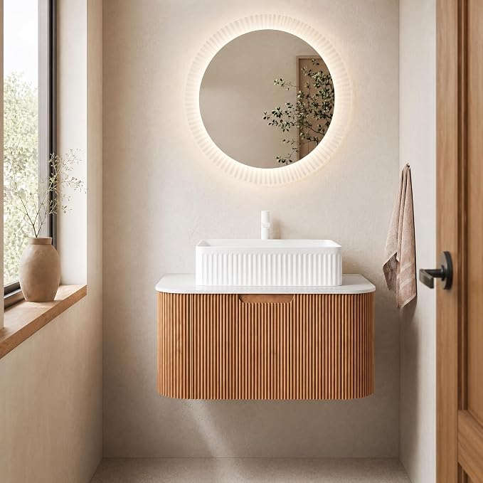30 Inch Bathroom Vanity with Sink, Floating Wall Mounted Single Sink Vanity, Natural Woodgrain Curved Fluted Front, Stone Top, White Textured Rectangular Vessel Basin, Pre-Assembled