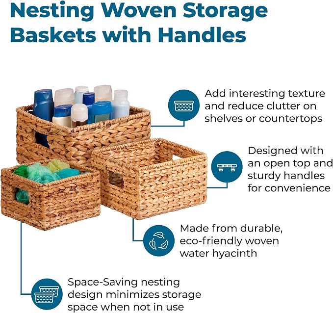 Honey-Can-Do Banana Leaf Storage Baskets, Water Hyacinth Woven Basket, Decorative Baskets-Shelves, Basket-Gifts, Closet, Pantry & Home Organization, Set of 3, Multi-Size, 9" Lx9" Wx6" H (Pack of 3)