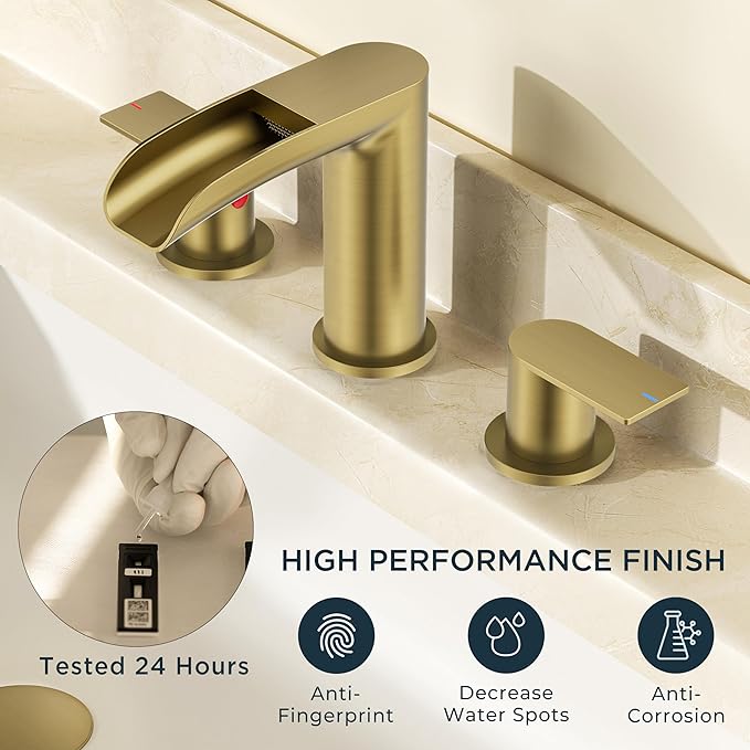 FORIOUS Gold Bathroom Faucet, Waterfall Bathroom Faucet for Sink 3 Hole with Easy Install Pop-Up Drain and Water Supply, 8 Inch Widespread for Vanity, Camper,Restroom