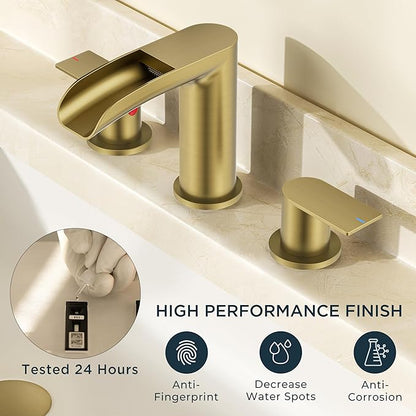 FORIOUS Gold Bathroom Faucet, Waterfall Bathroom Faucet for Sink 3 Hole with Easy Install Pop-Up Drain and Water Supply, 8 Inch Widespread for Vanity, Camper,Restroom