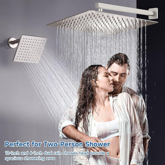 Dual Rainfall Shower Head System Brushed Nickel, 3-Function Push Button Shower Faucet Set with 12" Wall Mount Rain shower head and 6" Wall Mount Shower Head, Pressure Balance Rough-in Valve