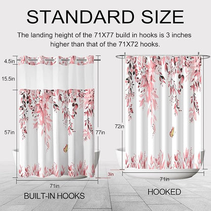 No Hook Shower Curtain and Liner Set, Pink Eucalyptus 71x77 | Floral Design, with Snap in Liner, See-Through Top Window, Waterproof, Machine Washable, Quick-Drying, for Hotel Bathroom