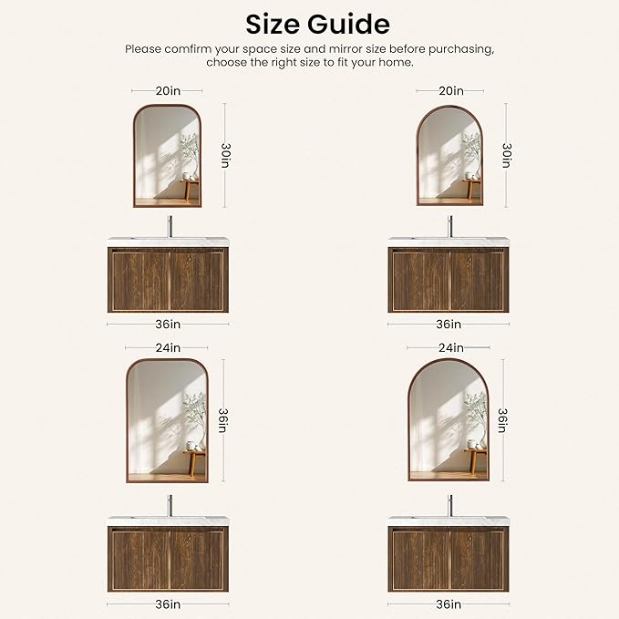 24"x36" Arch Wall Mirror for Wall, Wall Mounted Vanity Mirror for Bedroom, Wood Grain Finish Frame Mirror with Tempered Glass, Vintage Decorative for Bathroom, Entryway, Living Room, Walnut