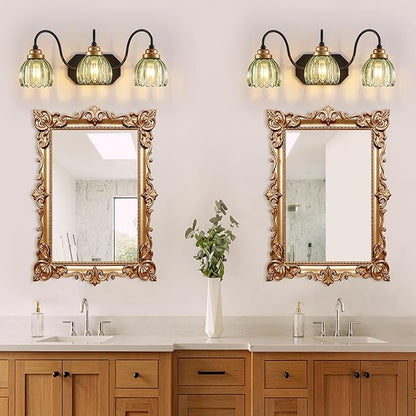 Vintage Bathroom Vanity Light, Bathroom Lighting Fixtures Over Mirror, Mid Century Style Farmhouse Light Fixtures with Green Glass Shades, Black Finish Wall Mount for Bedroom (Green, 3-Light)