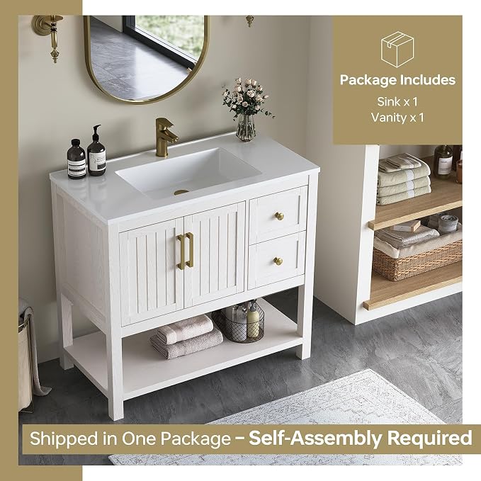36 Inch Bathroom Vanity with Sink, White | Modern Vanity with gold hardware, integrated SMC sink, 2 drawers, open shelf storage, soft-close doors and adjustable feet