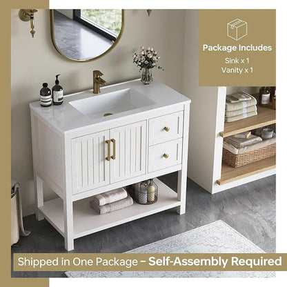 36 Inch Bathroom Vanity with Sink, White | Modern Vanity with gold hardware, integrated SMC sink, 2 drawers, open shelf storage, soft-close doors and adjustable feet