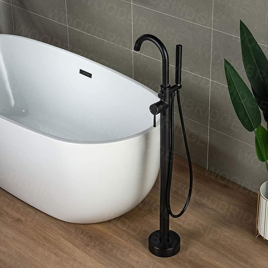 Woodbridge Contemporary Single Handle Floor Mount Freestanding Tub Filler Faucet with Hand Shower in Matte Black Finish,F0006MBRD