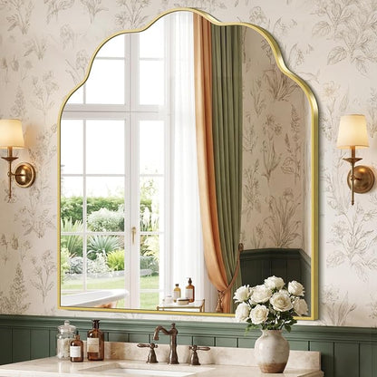 Gold Arched Mirror, 36×40Inch Scalloped Mirror for Bathroom, Wavy Wall Mounted Vanity Mirror with Aluminum Alloy Frame for Livingroom Bedroom and Entryway, Tempered Glass