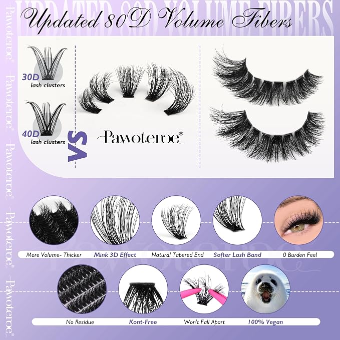 Lash Clusters Full 80D Individual Lashes Cluster Eyelash Extensions 10-20mm Mix Eyelash Clusters 240pcs Lash Extension for Self Application (Mink 80D, 0.07D, 10-20mm)