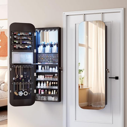 Vlsrka 47.2" Wall/Door Mounted Jewelry Cabinet Organizer Armoire W/Mirror | 6 LEDs, Over The Door Hanging Jewelry Organizer with Rounded Corner Mirror, Lockable Full Length Mirror with Storage, Black