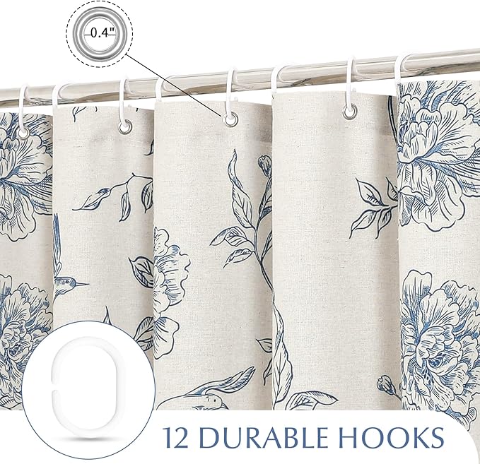 MitoVilla Long Shower Curtain Set 72 x 78, Cotton Floral Hummingbird Cottagecore Spring Shower Curtains for Bathroom, Modern Country Bathroom Décor