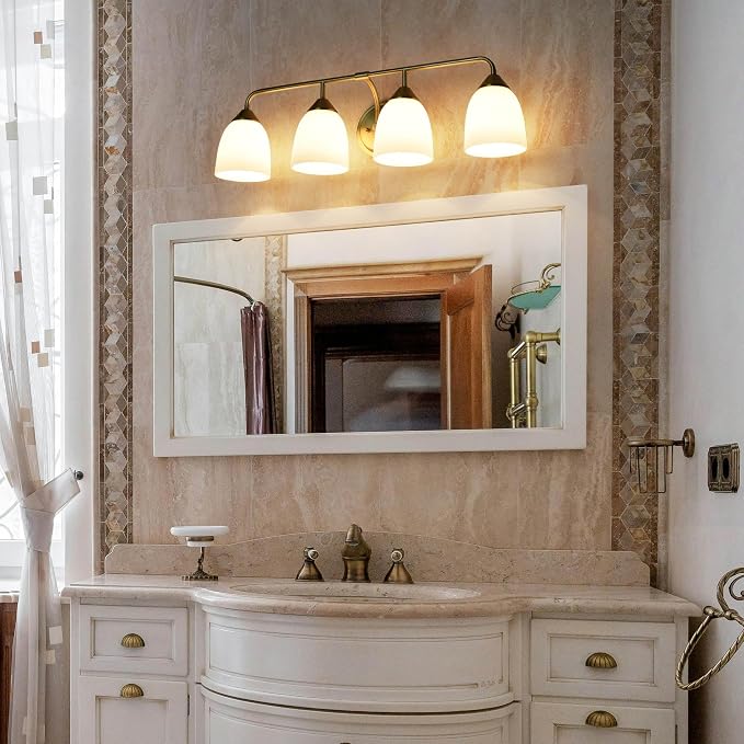 Gold 4-Light Traditional Bathroom Vanity Light Fixtures Over Mirror, Modern Vanity Lights for Living Room, Standard E26 Base, Aged Brass