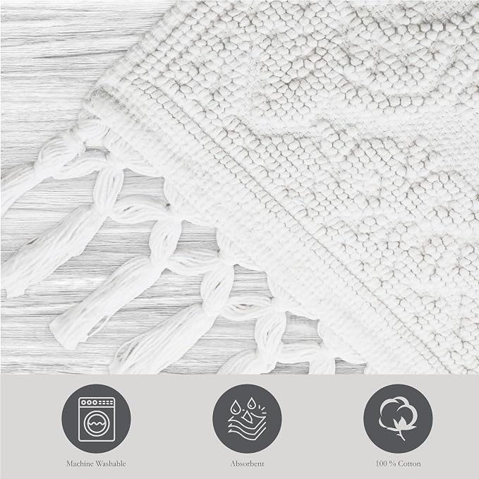 Jean Pierre - Ricardo Bath Mat, Woven Fringe Bathroom Rugs, 100% Cotton, Premium Bathroom Decor - Measures 17" x 31" - White