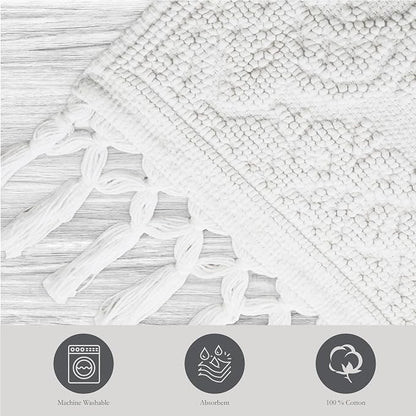 Jean Pierre - Ricardo Bath Mat, Woven Fringe Bathroom Rugs, 100% Cotton, Premium Bathroom Decor - Measures 17" x 31" - White