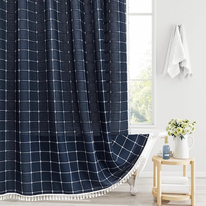 Long Boho Farmhouse Shower Curtain for Bathroom 72x78 | Long French Country Plaid Tassel Shower Curtain, Rustic Aesthetic Bathroom Decor Windows Curtain, Navy Blue