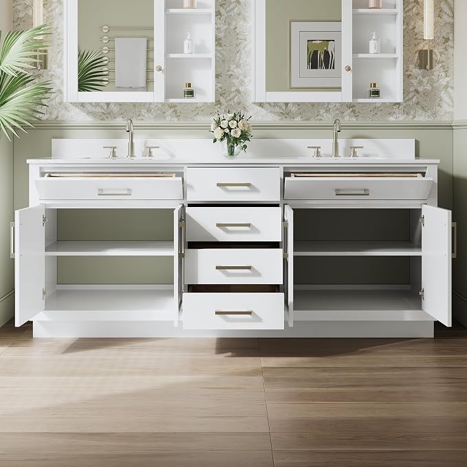 80-Inch Bathroom Vanity with Double Sinks W/ 4 Doors & 4 Drawers & 2 Flip Drawers, White Vanity W/Brushed Nickel Handles