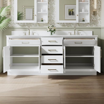 80-Inch Bathroom Vanity with Double Sinks W/ 4 Doors & 4 Drawers & 2 Flip Drawers, White Vanity W/Brushed Nickel Handles