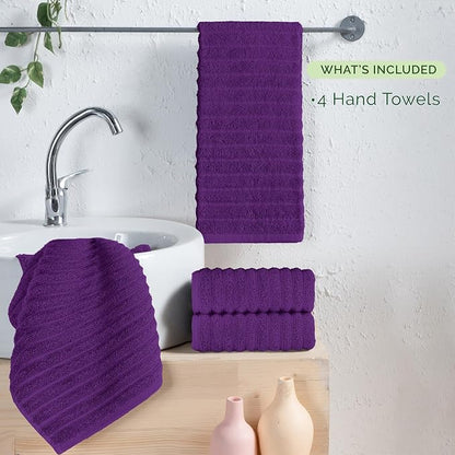 Elegant Comfort Luxury 100% Turkish Cotton Corduroy Ribbed 4 Pack Hand Towel Set 16 x 28 Inch - Absorbent, Super Soft, Quick Dry, Premium Towels for Bathroom, Gym, Spa and Hotel Use, Purple