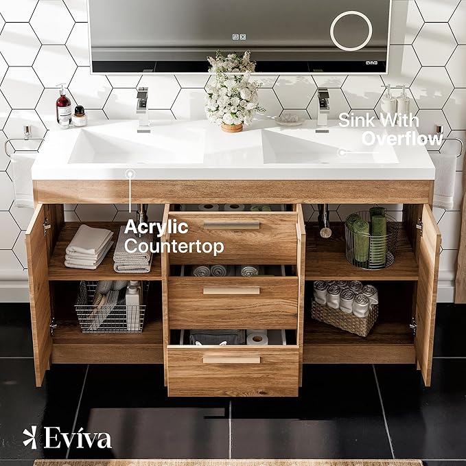 Eviva Lugano 60 in. Natural Oak Double Sink Bath Vanity with Acrylic Top and Integrated Sinks