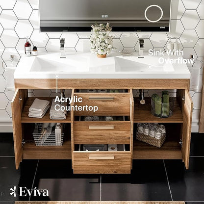 Eviva Lugano 60 in. Natural Oak Double Sink Bath Vanity with Acrylic Top and Integrated Sinks