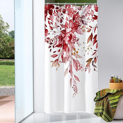 Burgundy Eucalyptus Shower Curtain, Watercolor Floral Print, 36x72 | Watercolor Plant Leaves Floral Print, Waterproof Fabric Bathroom Decor, Machine Washable, Rustproof Grommets